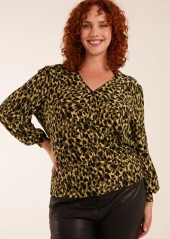 Blue Vanilla Khaki Curve Wrap Front Leopard Print Top