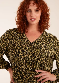 Blue Vanilla Khaki Curve Wrap Front Leopard Print Top