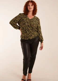 Blue Vanilla Khaki Curve Wrap Front Leopard Print Top