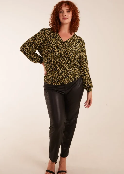 Blue Vanilla Khaki Curve Wrap Front Leopard Print Top