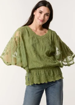 Blue Vanilla Khaki Floral Lace Butterfly Sleeve Blouse
