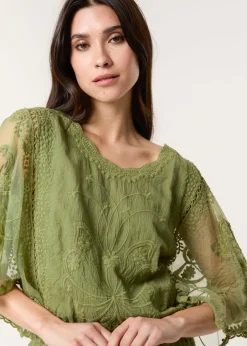 Blue Vanilla Khaki Floral Lace Butterfly Sleeve Blouse