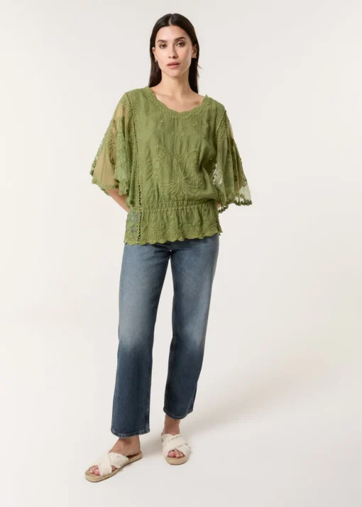 Blue Vanilla Khaki Floral Lace Butterfly Sleeve Blouse