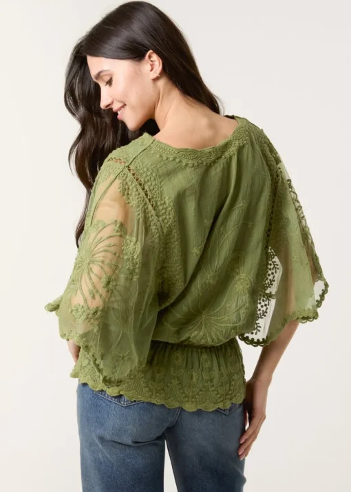 Blue Vanilla Khaki Floral Lace Butterfly Sleeve Blouse
