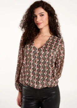 Blue Vanilla Khaki Geometric Print V Neck Bubble Hem Top