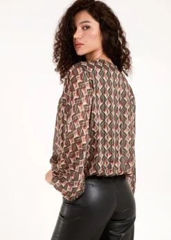 Blue Vanilla Khaki Geometric Print V Neck Bubble Hem Top