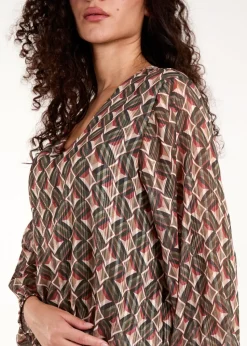 Blue Vanilla Khaki Geometric Print V Neck Bubble Hem Top