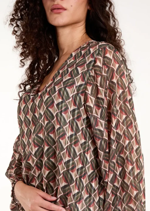 Blue Vanilla Khaki Geometric Print V Neck Bubble Hem Top