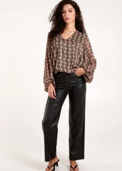 Blue Vanilla Khaki Geometric Print V Neck Bubble Hem Top