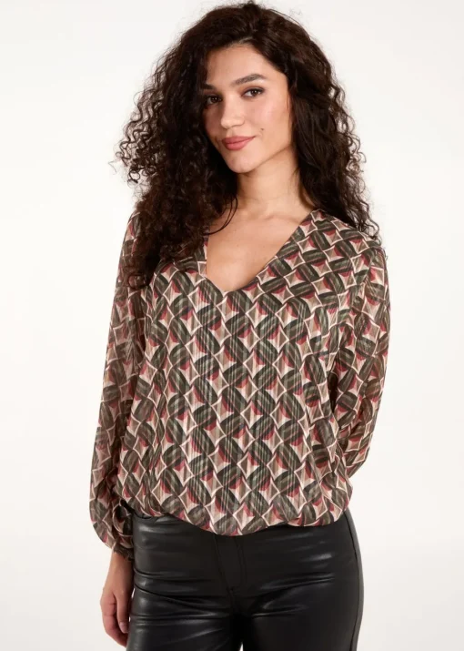 Blue Vanilla Khaki Geometric Print V Neck Bubble Hem Top