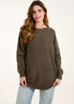 Blue Vanilla Khaki Pocket Slash Neck Jumper