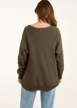 Blue Vanilla Khaki Pocket Slash Neck Jumper