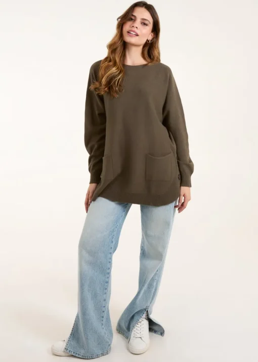 Blue Vanilla Khaki Pocket Slash Neck Jumper