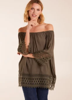 Blue Vanilla Khaki Round Neck Detail Blouse