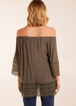 Blue Vanilla Khaki Round Neck Detail Blouse
