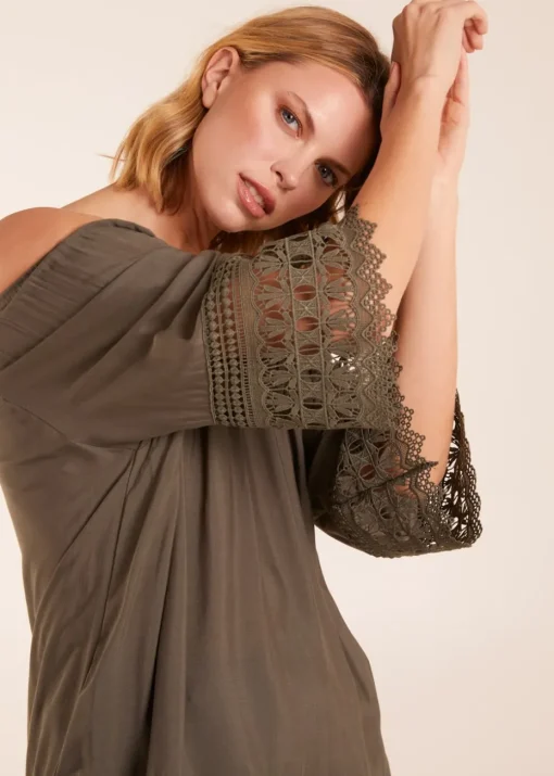 Blue Vanilla Khaki Round Neck Detail Blouse
