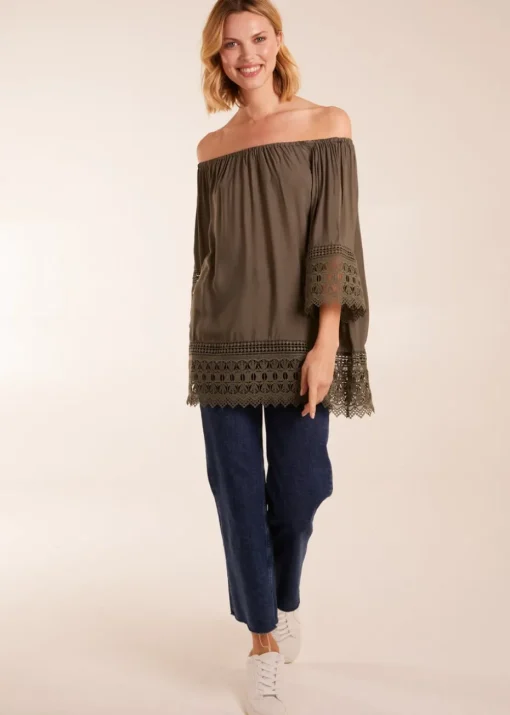 Blue Vanilla Khaki Round Neck Detail Blouse