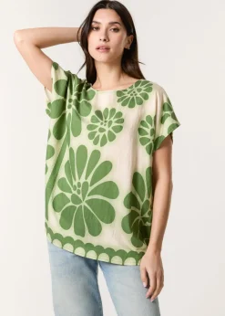 Blue Vanilla Khaki Round Neck Floral Top