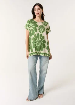 Blue Vanilla Khaki Round Neck Floral Top