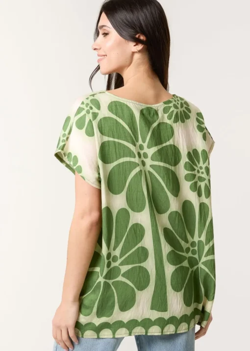 Blue Vanilla Khaki Round Neck Floral Top