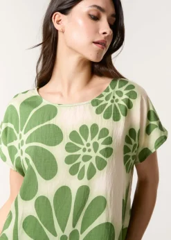 Blue Vanilla Khaki Round Neck Floral Top