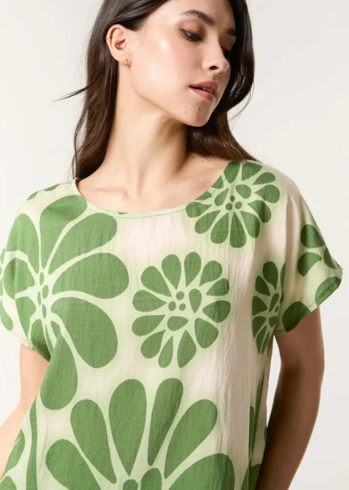 Blue Vanilla Khaki Round Neck Floral Top