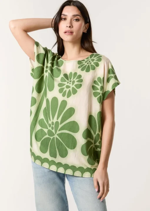 Blue Vanilla Khaki Round Neck Floral Top