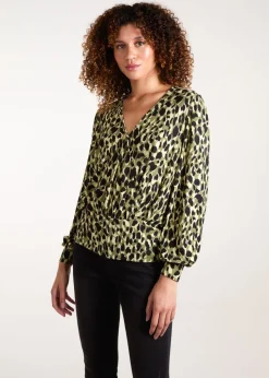 Blue Vanilla Khaki Wrap Front Geometric Deep Hem Band Top