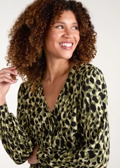 Blue Vanilla Khaki Wrap Front Geometric Deep Hem Band Top