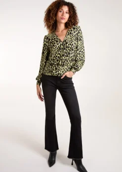 Blue Vanilla Khaki Wrap Front Geometric Deep Hem Band Top
