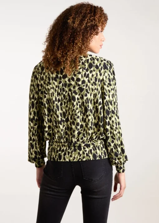 Blue Vanilla Khaki Wrap Front Geometric Deep Hem Band Top