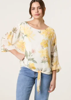 Blue Vanilla Lemon Floral Chiffon Batwing Blouse