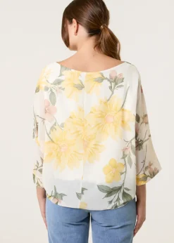 Blue Vanilla Lemon Floral Chiffon Batwing Blouse