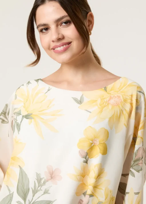 Blue Vanilla Lemon Floral Chiffon Batwing Blouse