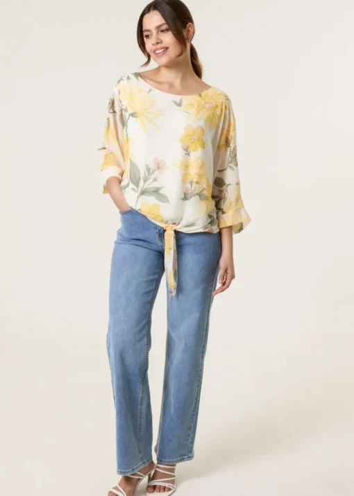 Blue Vanilla Lemon Floral Chiffon Batwing Blouse