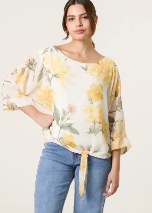 Blue Vanilla Lemon Floral Chiffon Batwing Blouse