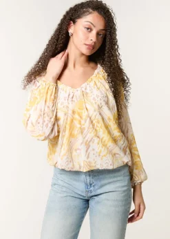 Blue Vanilla Lemon V Neck Gathered Bubble Hem Top