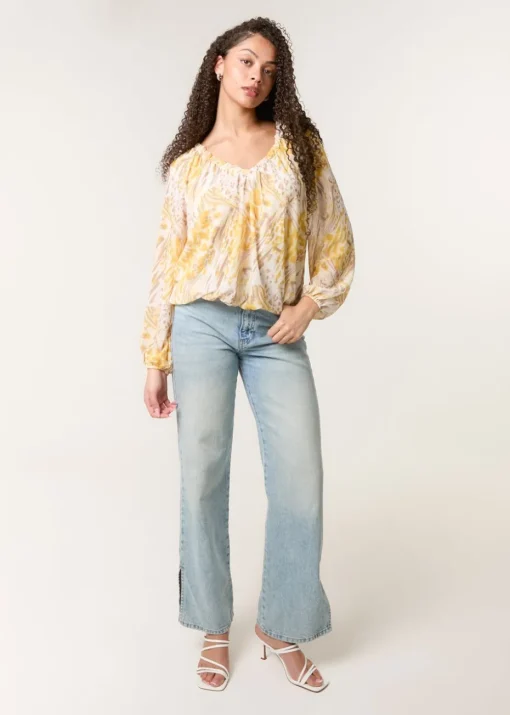 Blue Vanilla Lemon V Neck Gathered Bubble Hem Top