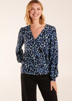 Blue Vanilla Leopard Print Wrap Front Geometric Deep Hem Band Top