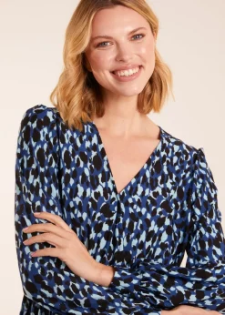 Blue Vanilla Leopard Print Wrap Front Geometric Deep Hem Band Top