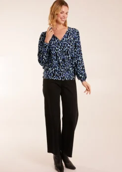 Blue Vanilla Leopard Print Wrap Front Geometric Deep Hem Band Top
