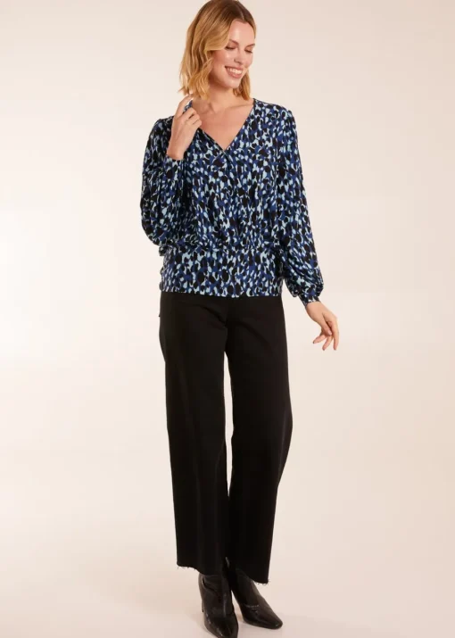 Blue Vanilla Leopard Print Wrap Front Geometric Deep Hem Band Top