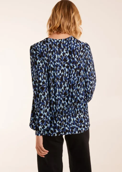 Blue Vanilla Leopard Print Wrap Front Geometric Deep Hem Band Top