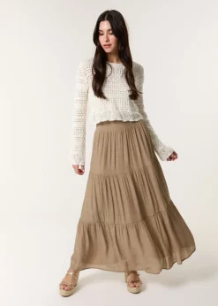 Blue Vanilla Mocha Shirring Waist Tiered Maxi Skirt