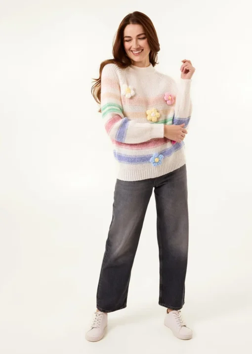 Blue Vanilla Multi Colourful 3D Flower Jumper With Stripes