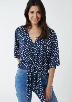 Blue Vanilla Navy Abstract Spot Tie Front Batwing Top