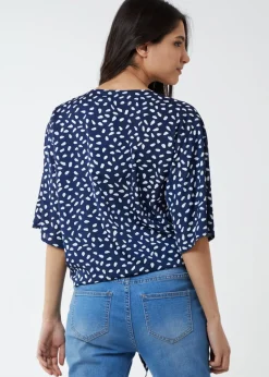 Blue Vanilla Navy Abstract Spot Tie Front Batwing Top