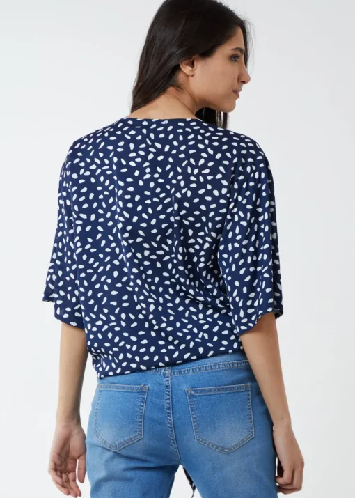 Blue Vanilla Navy Abstract Spot Tie Front Batwing Top