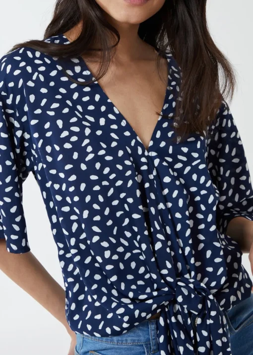Blue Vanilla Navy Abstract Spot Tie Front Batwing Top