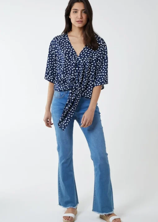 Blue Vanilla Navy Abstract Spot Tie Front Batwing Top